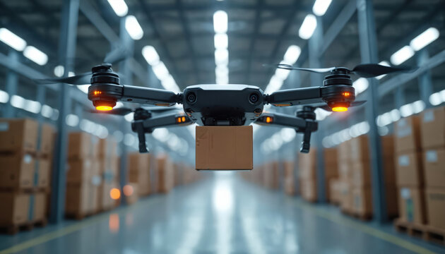 Automated drone carries parcel through vast warehouse aisles. Robotic quadcopter navigates between stacked cargo boxes. Futuristic logistic operation for swift package delivery.