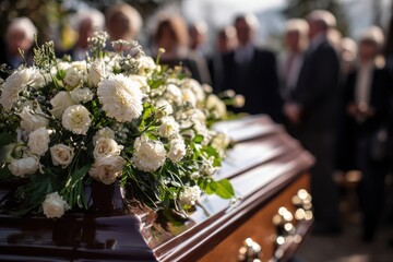 Funeral service with white flowers adorning a polished wooden casket surrounded by mourners paying their respects
