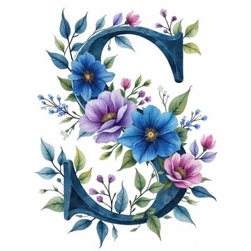 Elegant letter S monogram features watercolor floral design. Rich blue curves surround lush purple blue flowers and green leaves. This decorative artwork suits greeting cards, invites and branding.