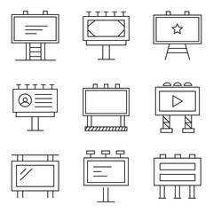 Billboard marketing advertising vector line icon set. Included the icons as backdrop, banner, bow flag and more. Advertising linear billboard in various style. Pole supports for marketing design. 