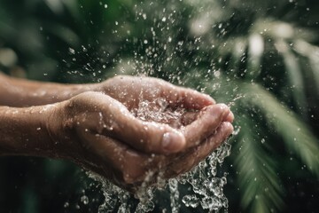 Fototapeta premium Hands holding fresh water with splash in nature environment for purity and sustainability concept photography