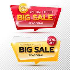 A set of two vector speech bubbles for seasonal sales. Red and yellow shapes for promoting discounts.
