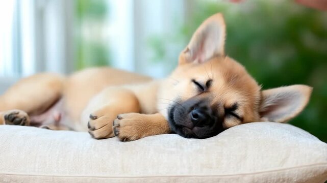 Adorable puppy sleeping peacefully on a cushion while being gently petted by a human hand showing comfort and tenderness