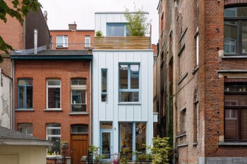 Naklejka premium A contemporary blue and white house gracefully situated among sturdy brick buildings, adorned with lush greenery thriving on the rooftop, within a vibrant urban environment