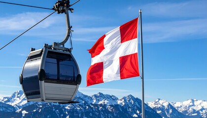 Gondola car ascends snowy mountains under a bright blue sky with a waving flag.