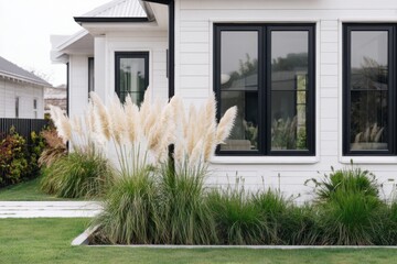 Modern house exterior featuring ornamental grass and a manicured lawn near the windows, creating a serene and welcoming atmosphere in the daytime