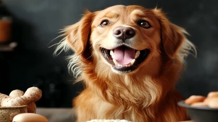 A happy golden retriever dog in a kitchen setting with baking ingredients like flour and eggs - Powered by Adobe