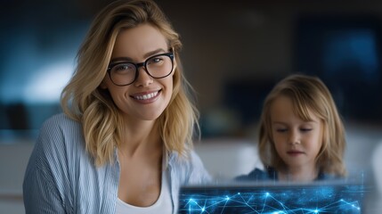 Young woman and girl smiling together using digital technology in a professional, modern environment, showcasing education, teamwork, innovation, and communication