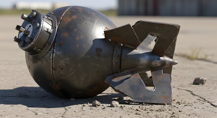 A close up of a rusty bomb with fins lying on a concrete surface outdoors in daylight