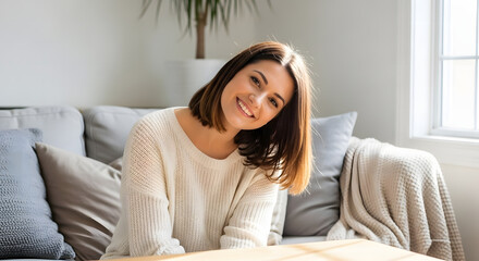 Radiant at Home: A woman exudes serenity and contentment while relaxing at home, radiating warmth and ease.