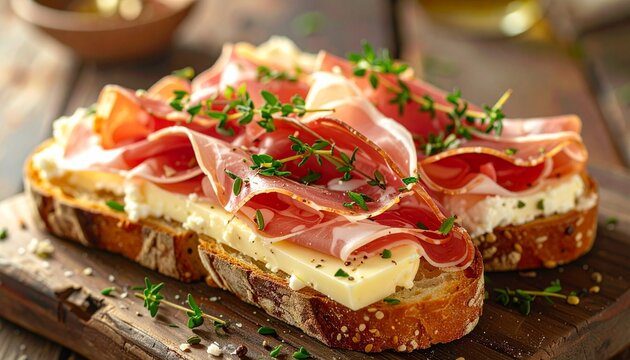 Close-up of two open-faced sandwiches featuring rye bread, sliced cheese, rolled cured ham, topped with fresh rosemary and black peppercorns on wood.