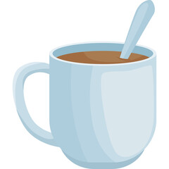 A white mug filled with brown liquid and a light blue spoon rests on a transparent background in this pixel art illustration