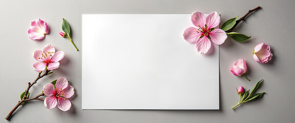 Blank white paper surrounded by pink cherry blossom flowers  