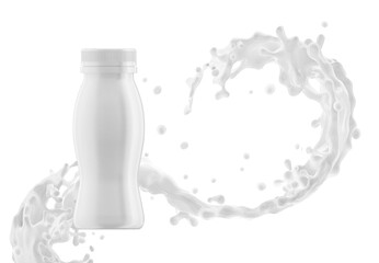 Clean white plastic dairy bottle with dynamic milk splash swirl, PNG background. Minimalist yogurt or kefir packaging mockup, fresh milk wave motion and realistic liquid texture. Branding design, 3D