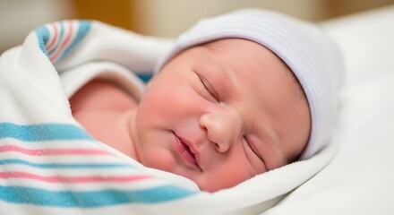 Close up of newborn baby sleeping peacefully wrapped in a striped receiving blanket