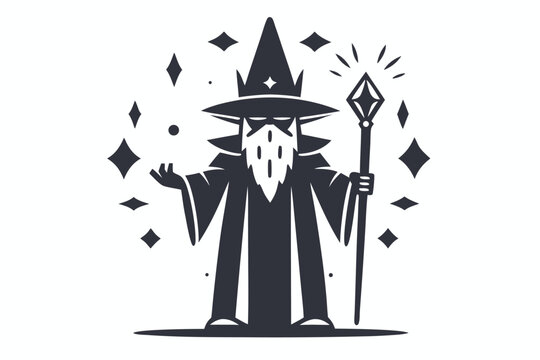 Pixel art wizard in a robe holds a staff, simple retro style