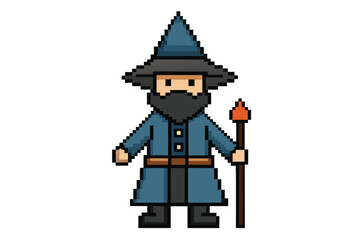 Pixel art wizard with beard stands holding a staff, featuring old school video game aesthetics