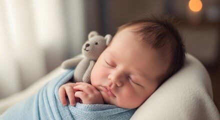 Newborn baby sleeping peacefully with a teddy bear on a white pillow and blue blanket