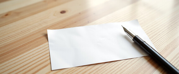 Blank paper and fountain pen on wooden table for writing notes  