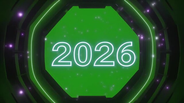 Dynamic futuristic portal with vibrant neon lights and a green screen portal beckons viewers into an unknown digital dimension for exciting motion graphics