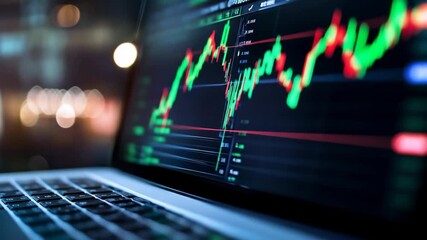 Laptop displaying financial stock market chart data with trading graph and investment analytics - Powered by Adobe