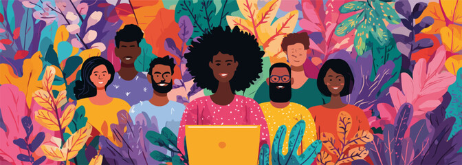 多様な人々がカラフルな熱帯の葉の背景の中でラップトップを囲む、インクルーシブなチームワークとテクノロジーのベクターイラスト