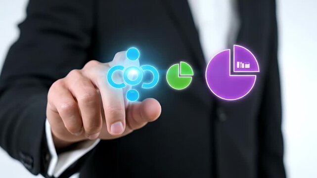 Man In Black Suit Interacting With Luminous Blue Atom And Chart Illustration Over White Backdrop For Scientific Or Business Applications On Touchscreen Interface