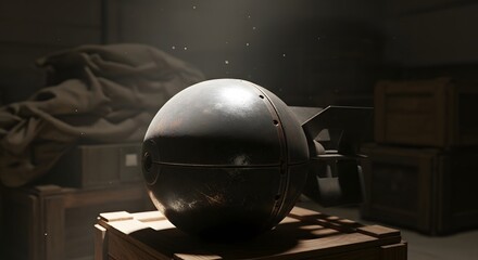 Close up of a bomb sitting on wooden planks inside a dark room with boxes around