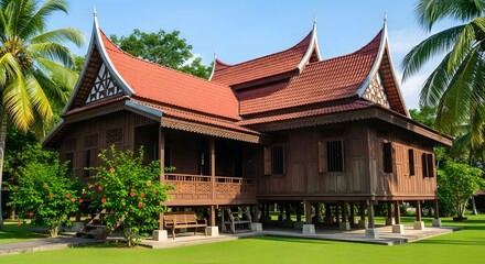 Exterior view of a traditional thai house with a red roof and green surroundings