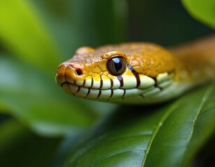 Obraz premium Yellow snake head emerges from green leaves. Reptile eye focuses forward with intense gaze. Scales texture is visible on its snout and face. Wildlife creature in its natural habitat.