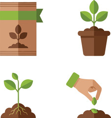 Planting and Sowing Icons Seed Packet, Small Potted Plant, Seedling, Gardener's Hand