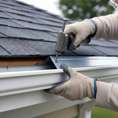 Close up of worker installing metal drip edge on a roof with a fastener tool.