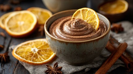 Overhead shot of mousse cup surrounded by dried orange slices and cinnamon sticks