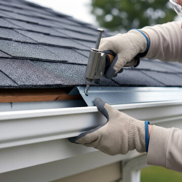 Close up of worker installing metal drip edge on a roof with a fastener tool.