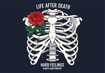 vintage skeletal rib cage dark blue. Inside the rib cage, on the viewer's left side, is a single red rose illustration with green leaves.