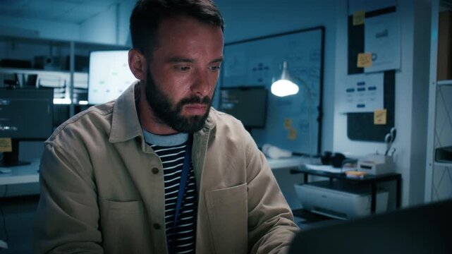 Professional Male IT Professional, Male Computer Programmer and Software Developer Focused on Screen, Writing code, Working on Ai development, software developing project in Tech office at night.