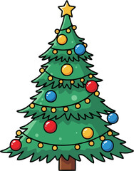 Festive Green Christmas Tree Decorated with Colorful Ornaments and a Star Topper, Ideal for Holiday Greetings and Celebrations