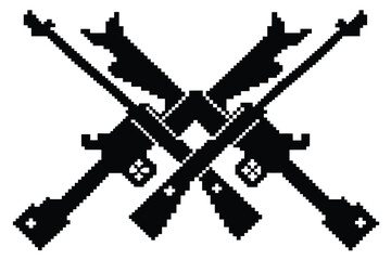 Pixelated black crossed rifles create a stark, stylized emblem on the white background
