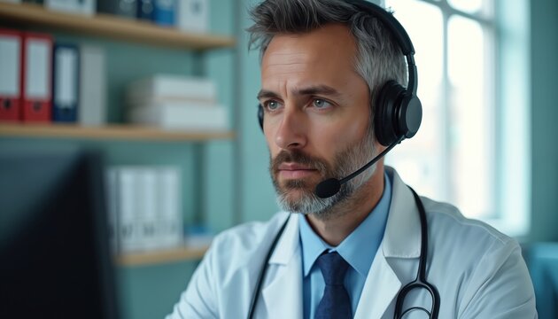 Doctor wears headset talks to patient online. Pro medic consults remotely via computer. Digital health care service connects doctor and person.