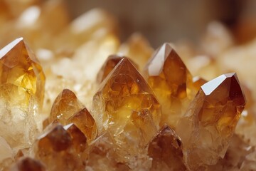 Detailed macro shot of raw citrine crystals in golden-brown tones with sparkling facets on soft neutral backdrop, ideal for spiritual, meditation, or holistic lifestyle design projects.