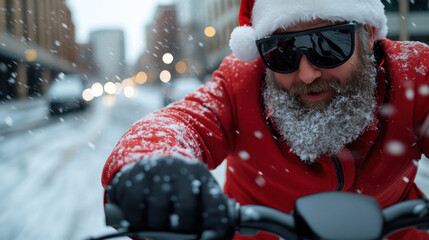 An adventurous Santa Claus wearing sunglasses rides through a snowy urban environment, encapsulating a vibrant and joyful holiday spirit in a modern setting.