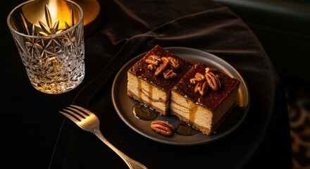 Peanut butter cheesecake Decadent pecan pie bars with a rich caramel glaze and toasted pecans, served on a dark plate with a crystal glass of whiskey.