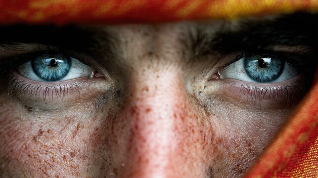 Intense gaze of blue eyes, a close-up of a weathered face. The man's gaze evokes a sense of mystery and depth, with orange fabric framing the eyes.