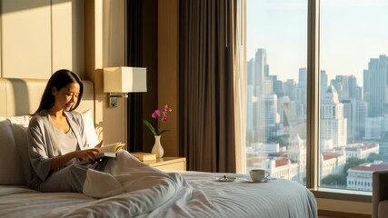 Morning relaxation: woman enjoys peaceful sunrise in modern city bedroom