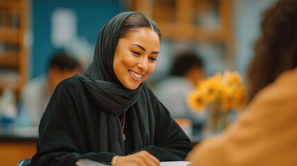 Smiling Muslim woman teaching in classroom with students in background  