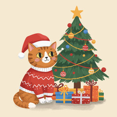 Fototapeta premium Cat wearing a Santa hat beside a beautifully decorated Christmas tree with colorful presents around it 