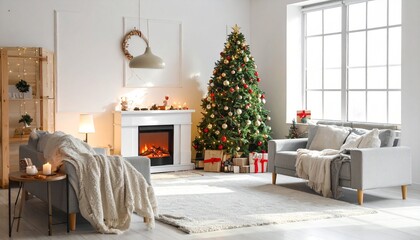A warm, sunlit Christmas living room with a decorated tree, fireplace, mantel garland, and wreath, viewed through a large window showing a snowy landscape. (179 characters)
