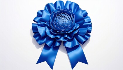 A single, vibrant blue satin ribbon rosette award or badge, with two tails, isolated on a clean, bright white background, studio quality photography. (179 characters)