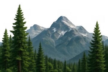 Alpine landscape with snow-capped mountain peaks and green pine trees in a vast forest, transparent background