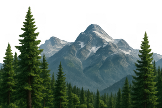 Alpine landscape with snow-capped mountain peaks and green pine trees in a vast forest, transparent background